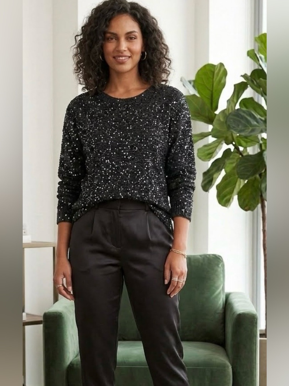 Women’s Black & Silver Sequin Sweater Size Large